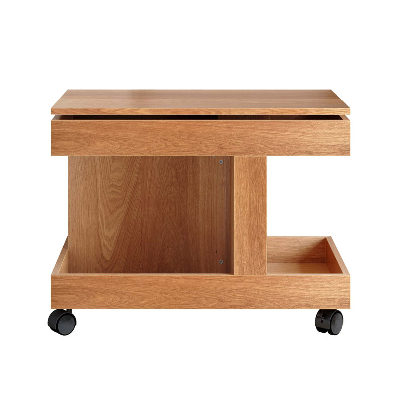 Petite table basse roulante avec bureau pivotant à 360 ° et compartiment de rangement, Naturel
