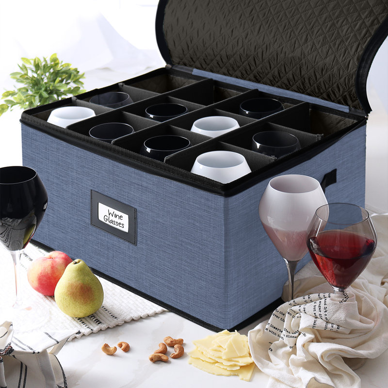 Boîte de rangement rigide pour verres à vin / verres à pied avec séparateurs, Bleu, Ensemble de 2