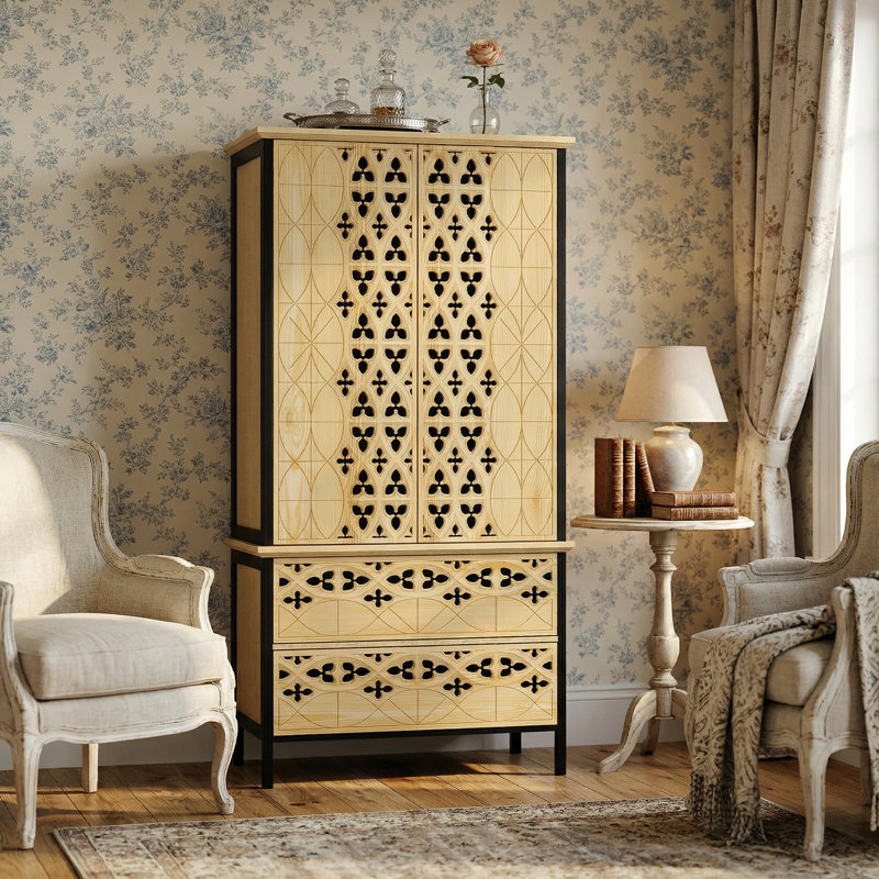 70.9'' Tall China Cabinet With Carved Doors And Drawers, 5 Shelves And 2 Storage Drawers, Black Frame And Natural Wood Finish