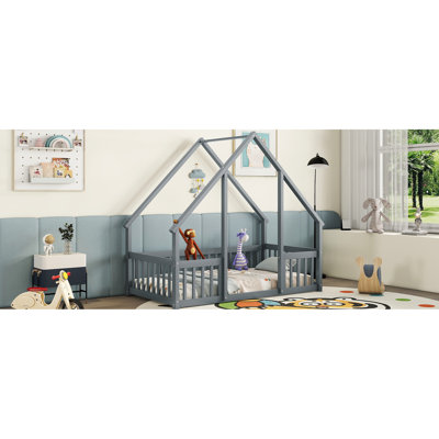 Twin Wood House Bed With Guardrails And Fence, Grey - Provide A Comfortable Stable Sleeping Space Floor Design Guardrails, Built Solid Pine For Sound Sleep
