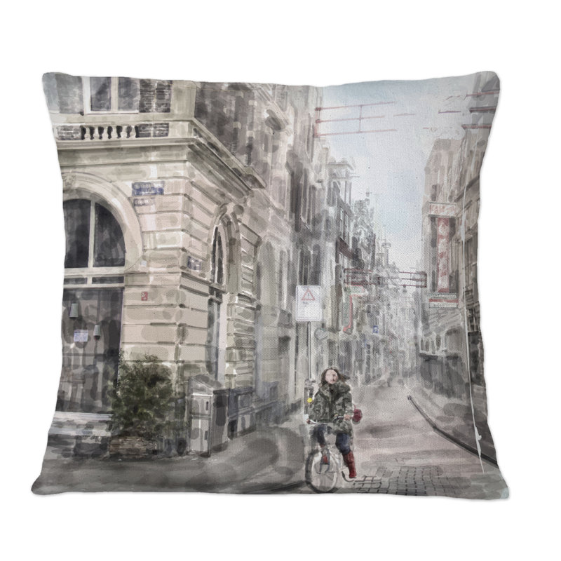 Coussin City Street avec une fille sur le vélo - imprimé colonial, 18 po x 18 po