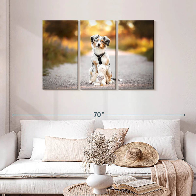 Chien avec ours en peluche, H 28 po x l 45 po