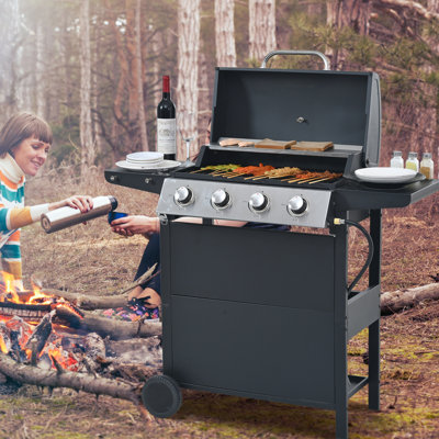 Barbecue au propane en acier inoxydable à 4 brûleurs, 34 000, avec grilles de cuisson et deux tablettes pour la construction du balcon, roues de patio transportables