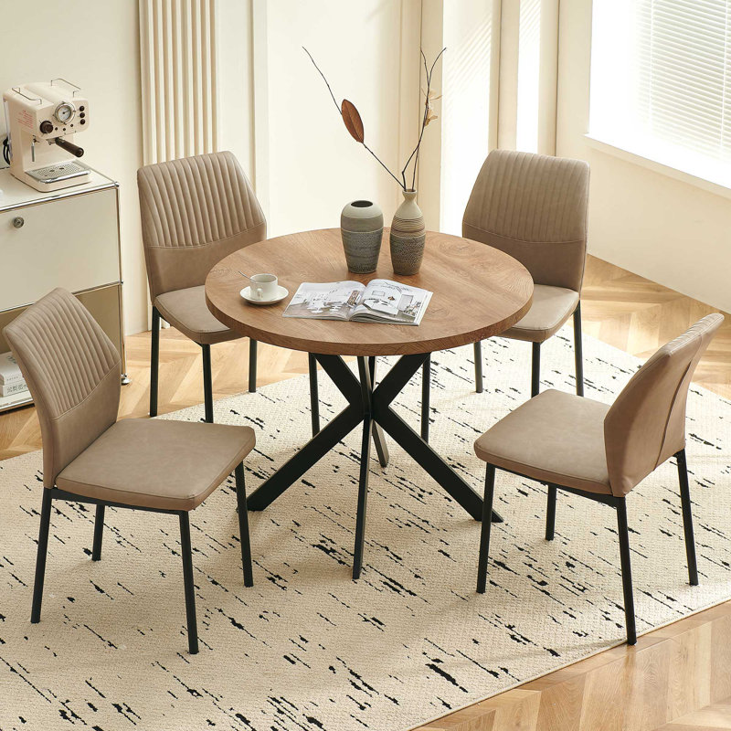5-Piece Round Dining Table Set, 37 Inch Kitchen Table And 4 PU Leather Chairs, Beige