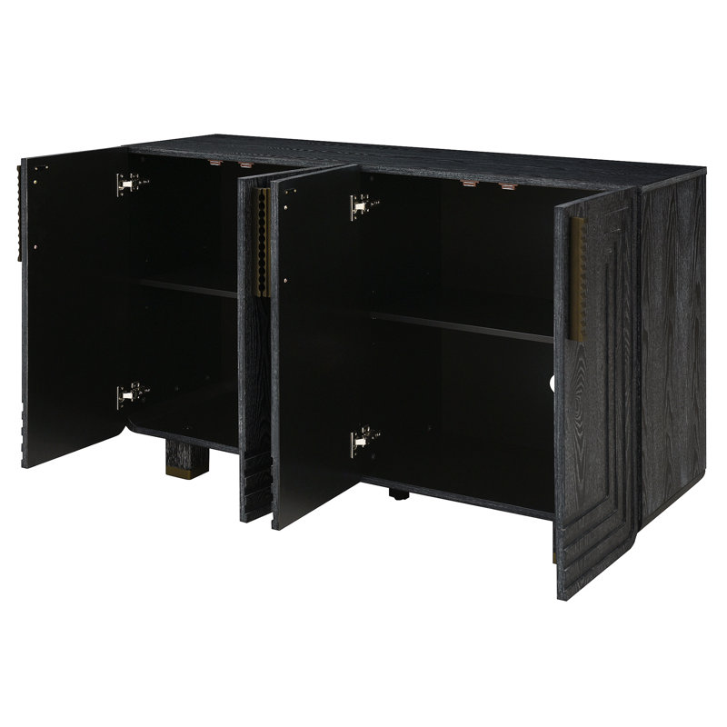 Buffet rétro 54 po avec rangement, armoire rétro à 4 portes avec cannelures et tablettes réglables pour la salle à manger, la cuisine et le salon (noir)