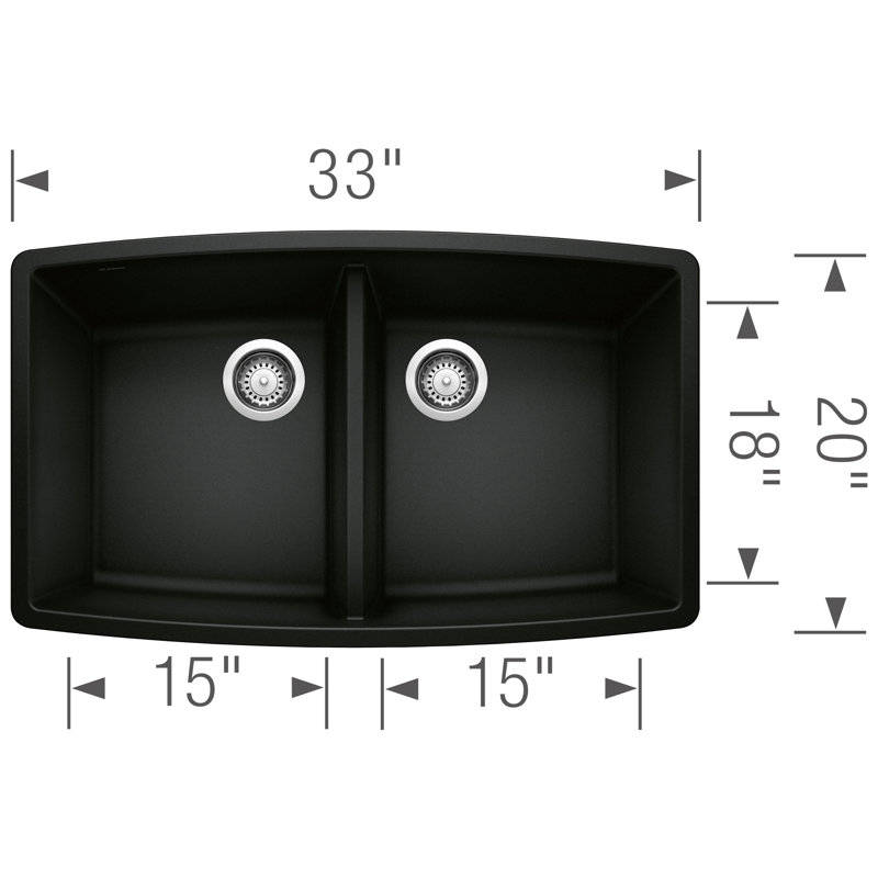 Performa Silgranit 33" L x 20" W Double Bowl Granite Composite Undermount Kitchen Sink, Coal Black