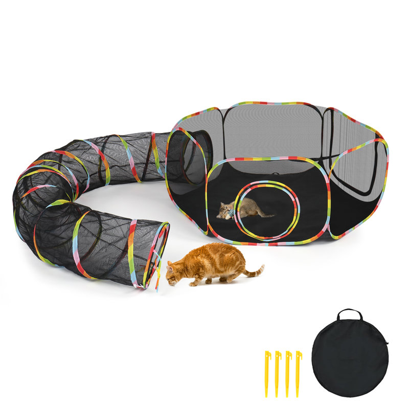Black Mesh Outdoor Portable Cat Play Tent with Tunnel