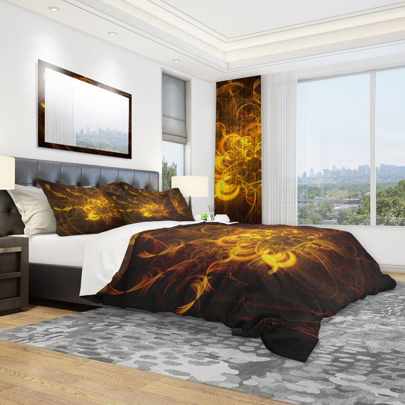 Ensemble de housse de couette fleur fractal doré, Housse de couette double / grand + 2 taies