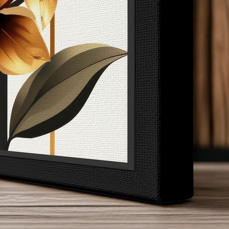 Golden Lotus Blooms Botanical - Wrapped Canvas, 36x24 - 91.4 x 61.0 cm, Black Border