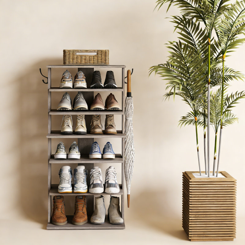 7 Tier Vertical Shoe Rack with Hooks - Entryway Shoe Storage Organizer | Space-Saving Shoe Tower for Bedroom, Closet, Gray