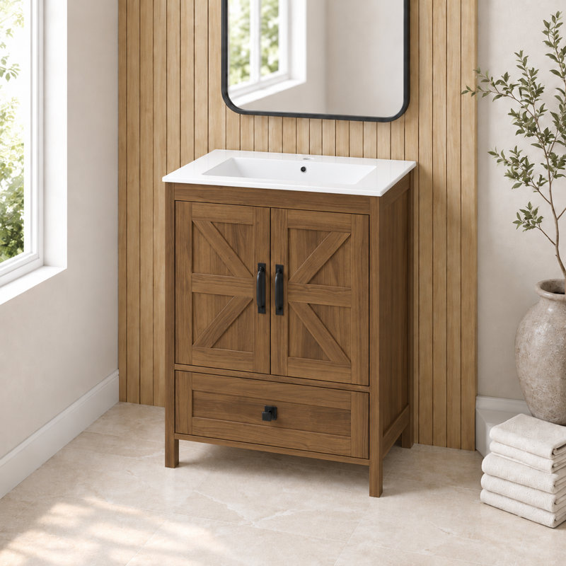 Meuble-lavabo de 76 cm avec lavabo en céramique et rangement dissimulé (sans robinetterie) - Brun, Brun, 30 pouces