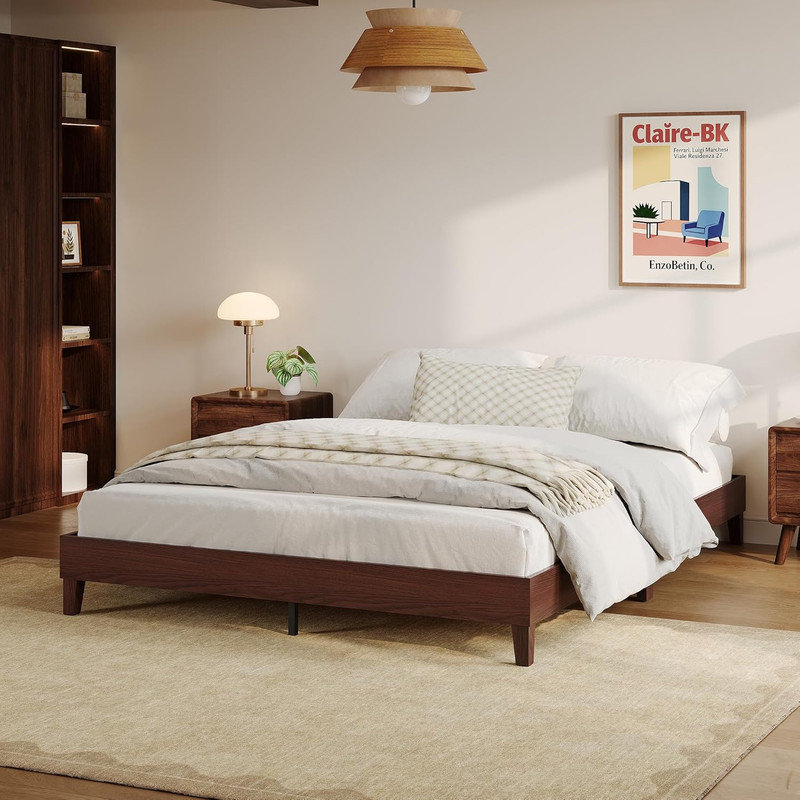 Full/Queen 9" Low-Profile Wood Platform Bed Frame with Slats, 700 lbs Capacity, Noise-Free, No Box Spring Needed for Bedroom