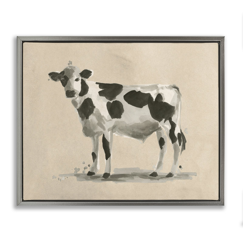«Minimal Cow», peinture sur toile encadrée noire par June Erica Vess, H 25 po x l 31 po, Cadre flottant gris lustré