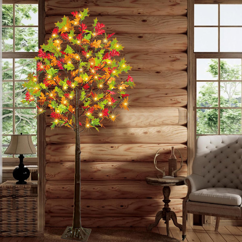 Érable artificiel illuminé 6 pi, arbre à DEL blanc chaud 96 DEL, intérieur et extérieur, feuilles vertes réalistes et pommes de pin