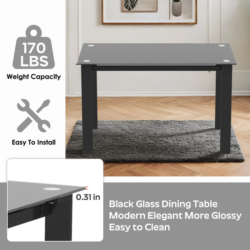 Ensemble de salle à manger 4 pièces, Noir, noir, noir, noir, H 29,5 po x L 47 po x l 27,6 po