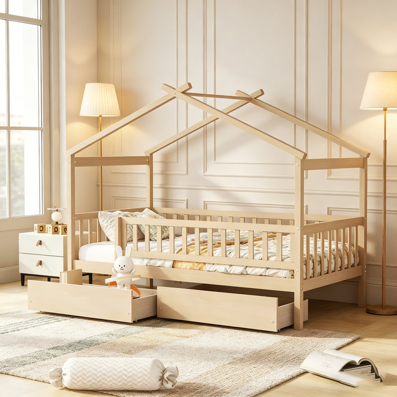 Lit simple en bois avec deux tiroirs et conception robuste pour les chambres d'enfants et les petits espaces, Naturel