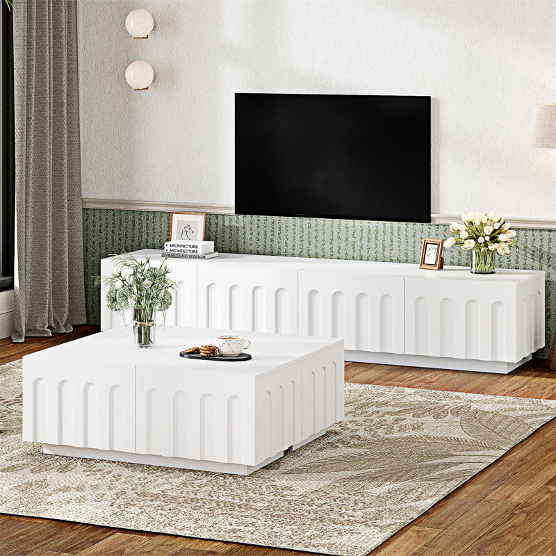 Ensemble meuble télé élégant et table basse avec tiroirs, Blanc