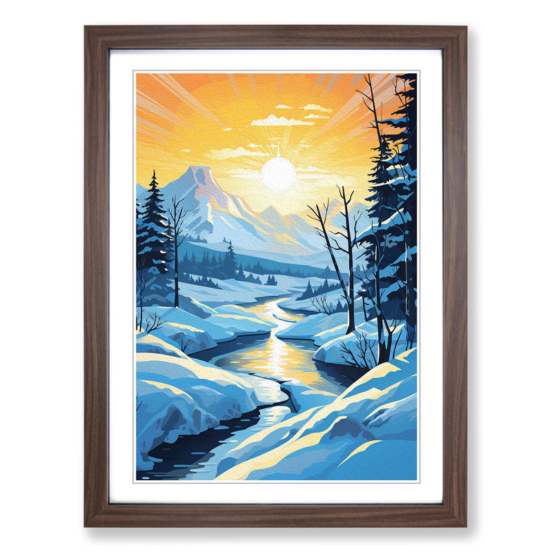 Winter Landscape Art Deco - Single Picture Frame Print on Wood, 34cm H x 25cm W x 2cm D, Walnut