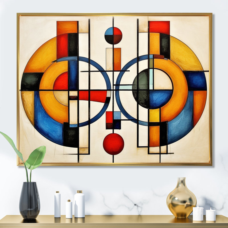 Jaune et bleu, Explorant les dimensions - formes abstraites, art mural, Cadre flottant doré, H 24 po x l 32 po x P 1 po