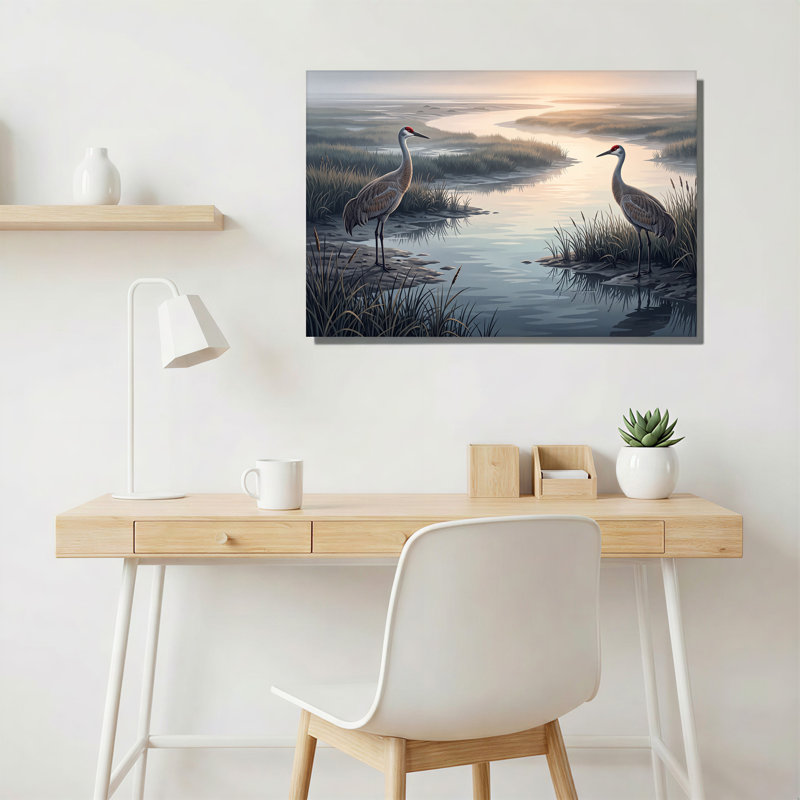 Art mural sur toile, "Deux grues du Canada", H 32 po x l 48 po