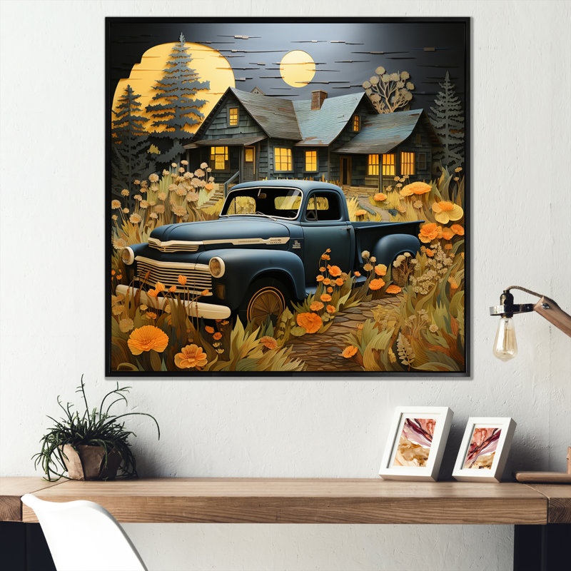 Camionnette jaune - Rustic Rides III - impression, H 36 po x l 36 po, Cadre flottant noir