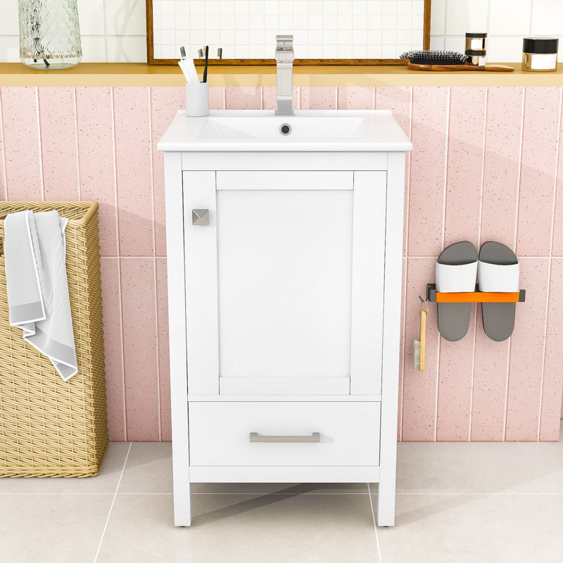 Meuble-lavabo compact compact avec lavabo en céramique, tiroir et organisateur double couche, Blanc