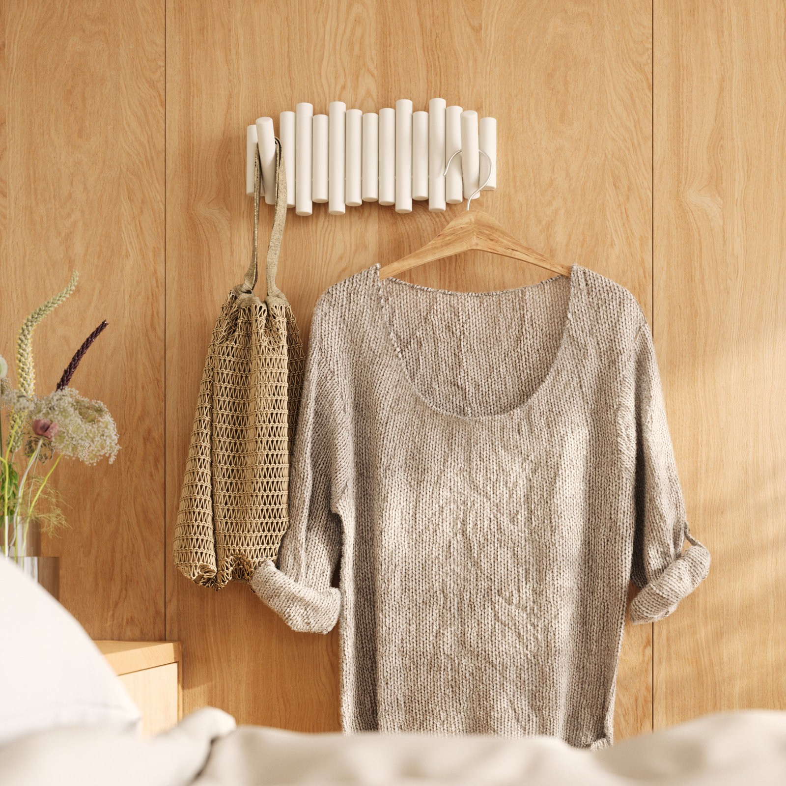 5-Hook Solid Wood Coat Rack, White