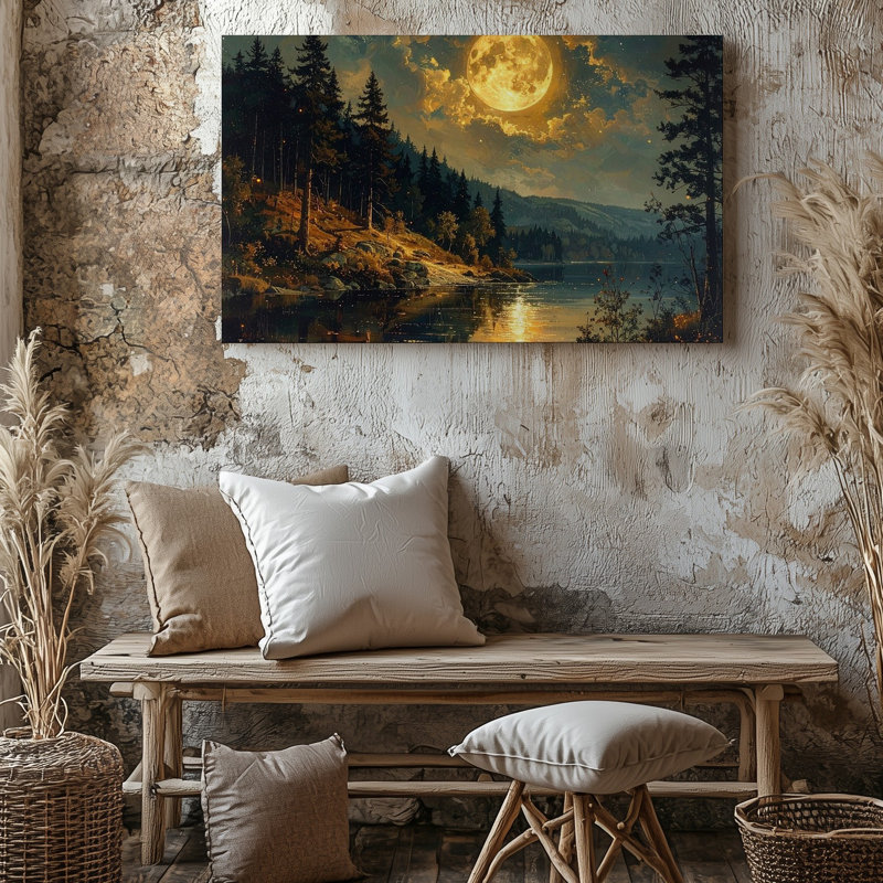 Art mural, lune dorée, forêt, nuit de Canvastranquil, lac et toile de pin, H 9 po x l 12 po