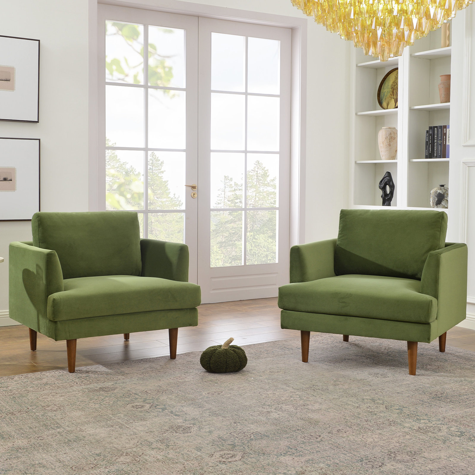 Miller Walnut Armchair, Green Velvet
