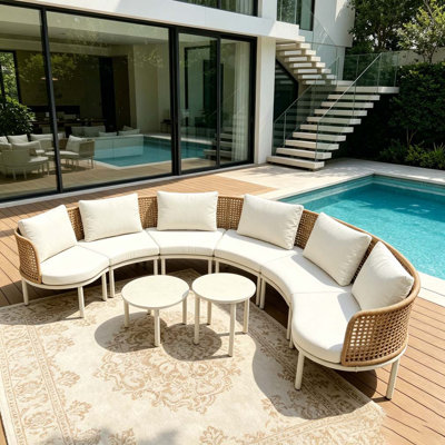 Patio Sofa Furniture Set, Half Moon Outdoor Sectional Sofa with 2 High-Low Coffee Tables