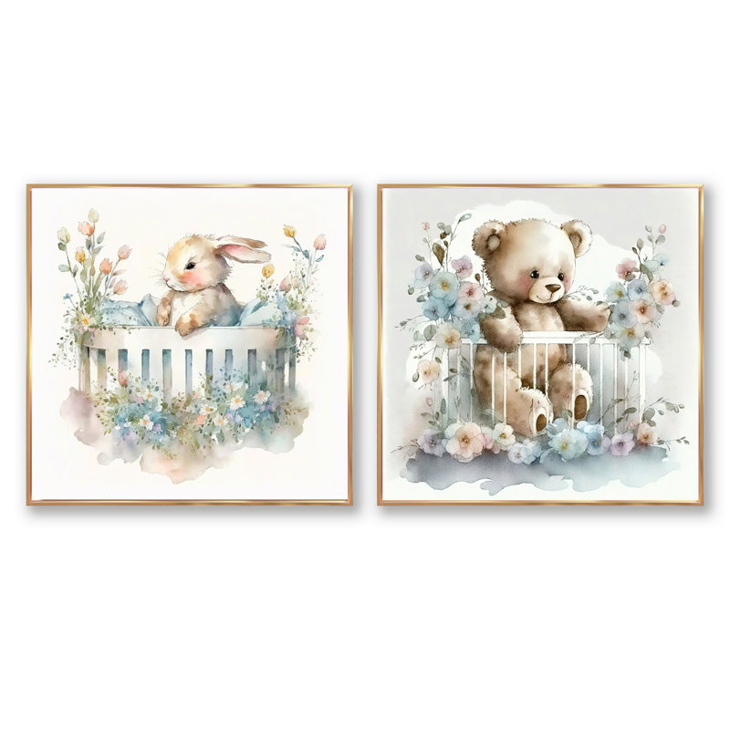 Bébé lapin en lit de bébé avec fleurs - ensemble de 2 animaux carrés, Cadre flottant doré, H 30 po x l 61 po