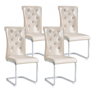Set Of 2,Retro Alligator Skin Upholstered Dining Chairs,With Crystal Buckle Design And Faux Leather Design,A Touch Of Elegance And Mystery To The Dining Area,Gold Plated Metal Bow Leg