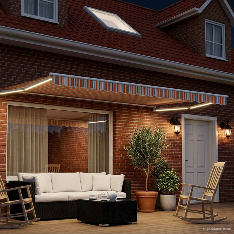 VidaXL Polyester Cover Retractable Patio Awning, 165cm H x 500cm W x 300cm D, Striped, Blue/Orange