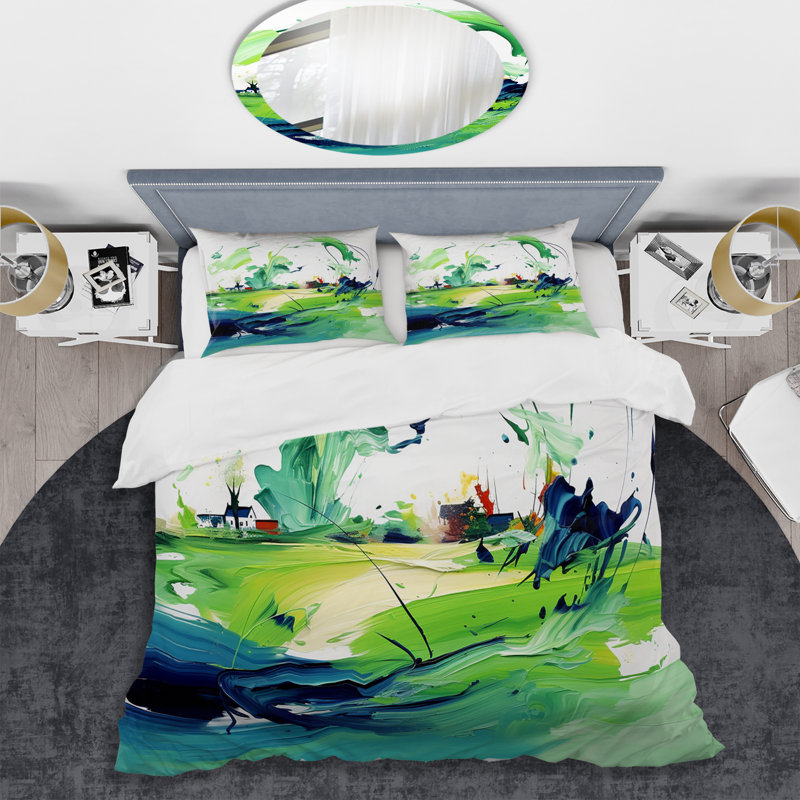 Ensemble de housse de couette abstrait vert et bleu, Housse de couette pour très grand lit