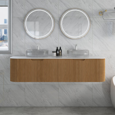 Meuble-lavabo de 60 po avec lavabos, armoire de rangement murale rayée à bords arrondis avec 2 tiroirs, 2 lavabos ronds transparents et comptoir