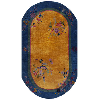 Knotted Antique Yellow Small Scatter Size 1920s Rectangleval Wool Chinese - Art Deco Rug