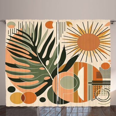 Ambesonne Curtains 2 Panel Set, Leaves Mid Century Boho, Peach and Pale Reseda Green -  p_429434_108x96