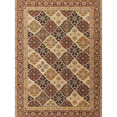 Tapis rouge rectangulaire fabriqué à la machine avec des médaillons traditionnels ornés, 100% polypropylène, et motif pour animaux domestiques, poils en polypropylène, teinture et zones douces
