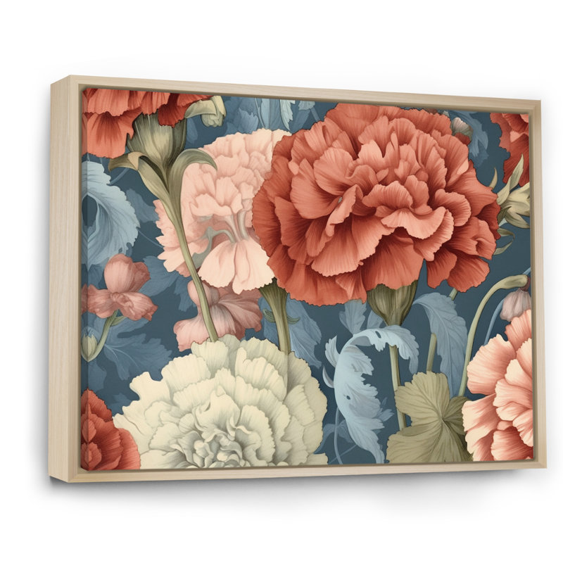 «Coral Blue Carnations Harmony I» sur toile, H 16 po x l 32 po x P 1 po, Cadre naturel flottant