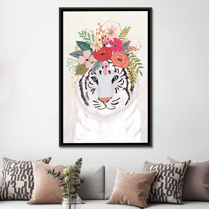 « white tiger », impression sur toile, H 26 po x l 18 po x P 1,5 po, Toile avec cadre noir, Pas de tapis