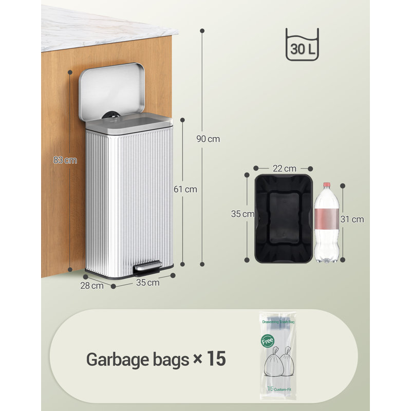 Kitchen Bin, 30L/50L Rubbish Bins for Kitchen, kitchen Pedal Bin with Soft Close Lid, Removable Inner Bucket, Stainless Steel Trash Bins with Vertical Stripe Design 