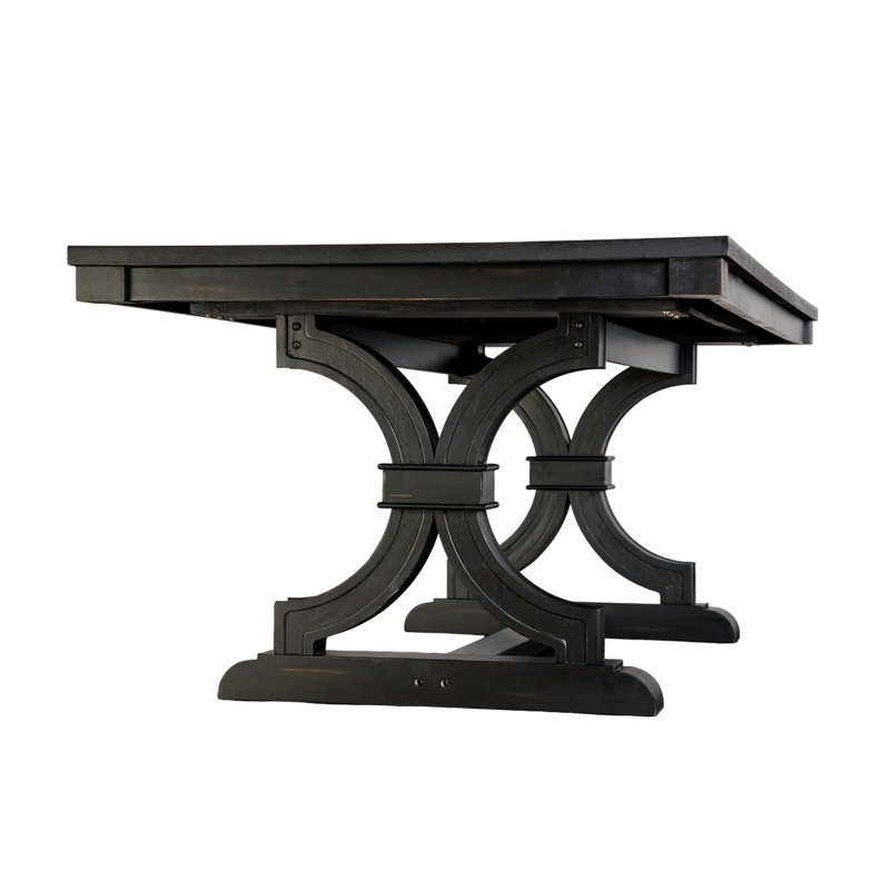 Luke Dining Table, 79 Inch Rectangular Top, Trestle Base, Black Wood