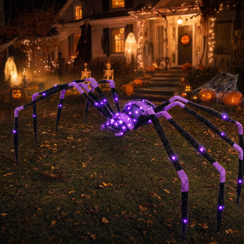 Décoration extérieure araignée géante lumineuse d'Halloween de 2,1 m avec 128 lumières DEL violettes à effet fluide, à brancher pour jardin, pelouse et terrasse.