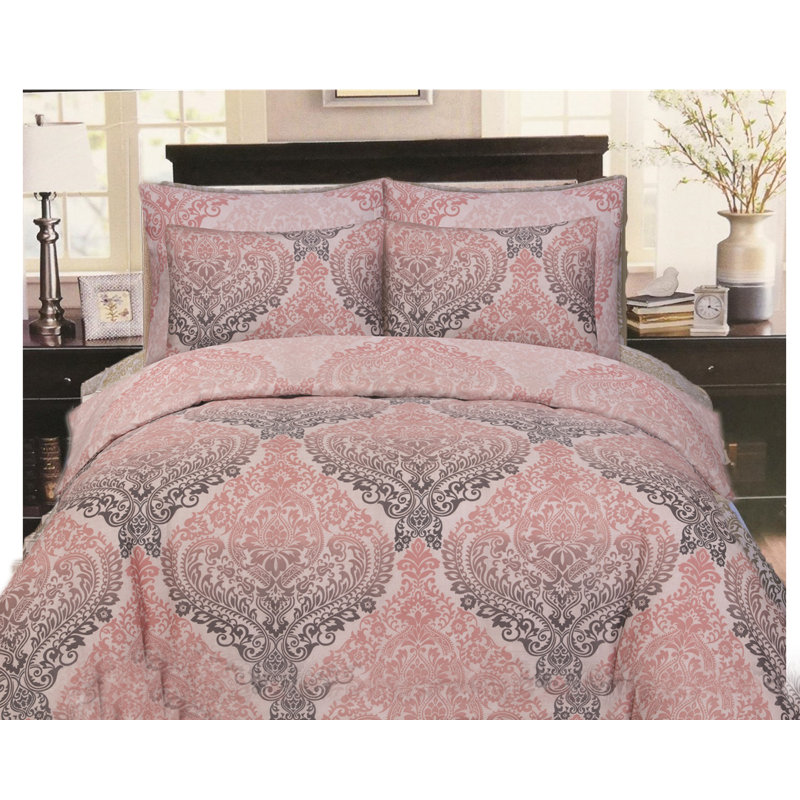 Complete Bedding Set Cotton Rich Damsk Duvet Cover, Fitted Sheet & Pillowcases Soft, Breathable & Wrinkle-Resistant, Pink