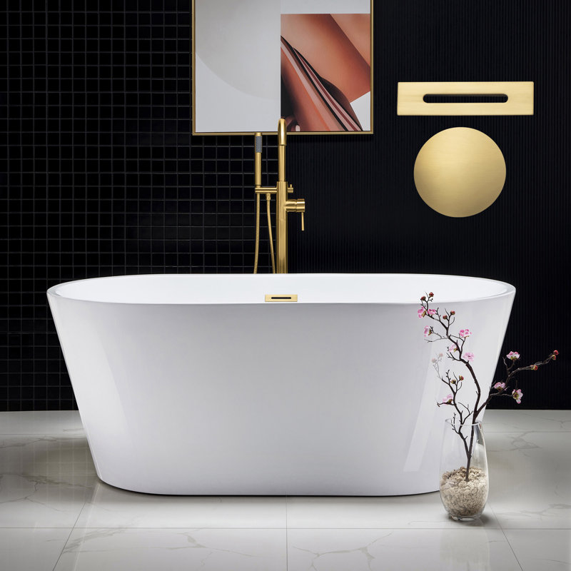 59'' x 29.5'' Freestanding Soaking Acrylic Bathtub, Brushed Gold, White