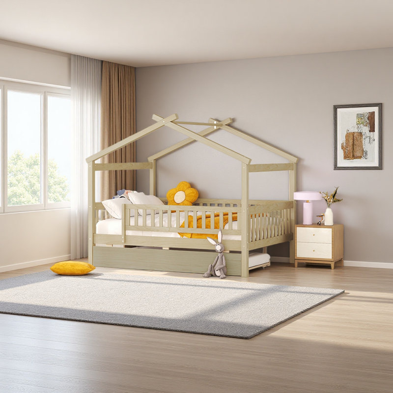 Lit en bois avec lit gigogne simple, Lit double, Naturel