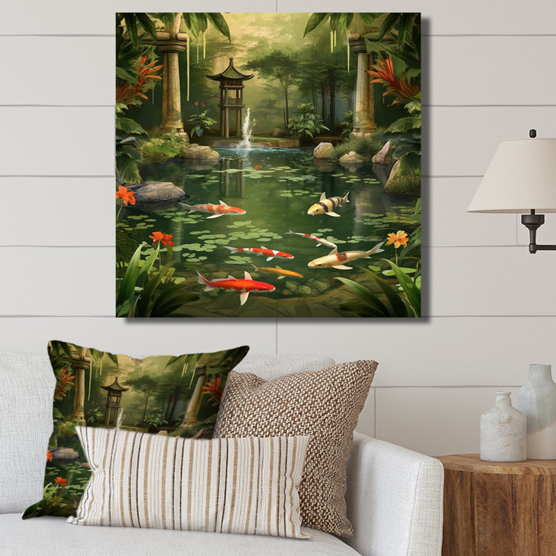 Bamboo and Koi Pond Showcase I - Art mural en bambou, H 24 po x l 24 po x P 1 po, Toile tendue