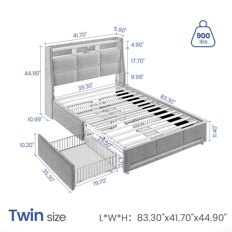 Upholstered Platform Bed Frame with Wingback Headboard, LED Lights & 4 Storage Drawers, White, Twin/Single