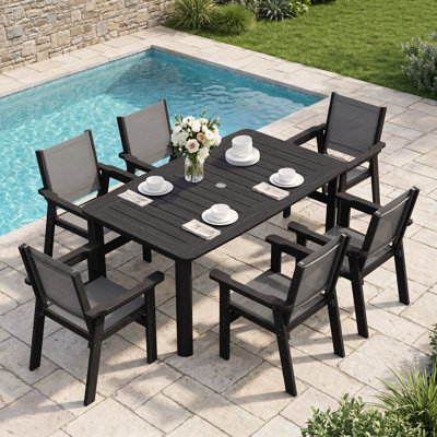 7 Piece Outdoor HDPE Dining Set, All-Weather Patio Table and Chairs W/ Umbrella Hole, Low Maintenance for Porch, Backyard