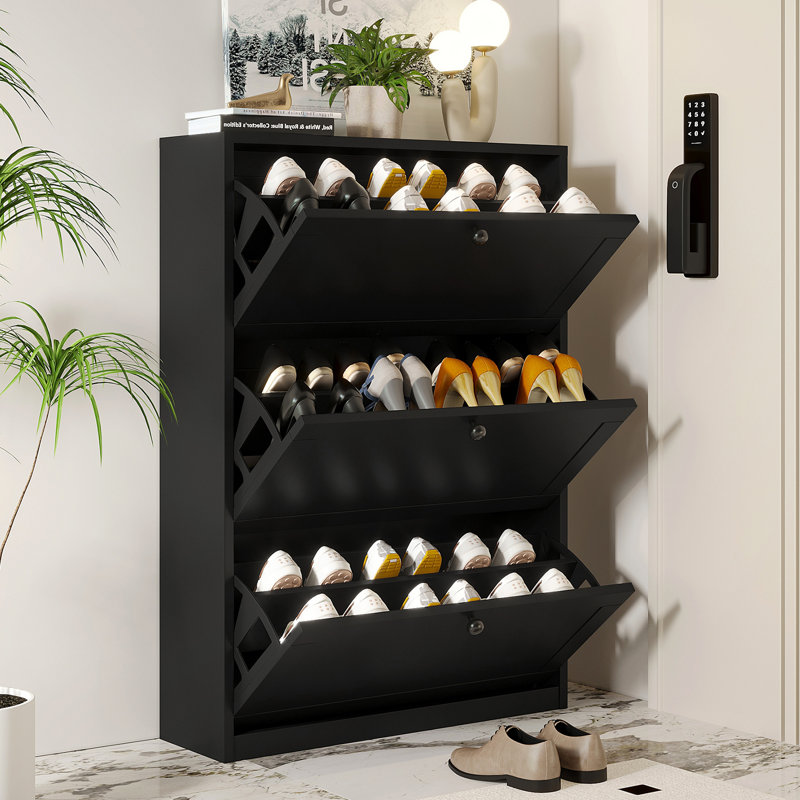 Lasherrie Shoe Storage Cabinet with 3 Flip Drawers, Black